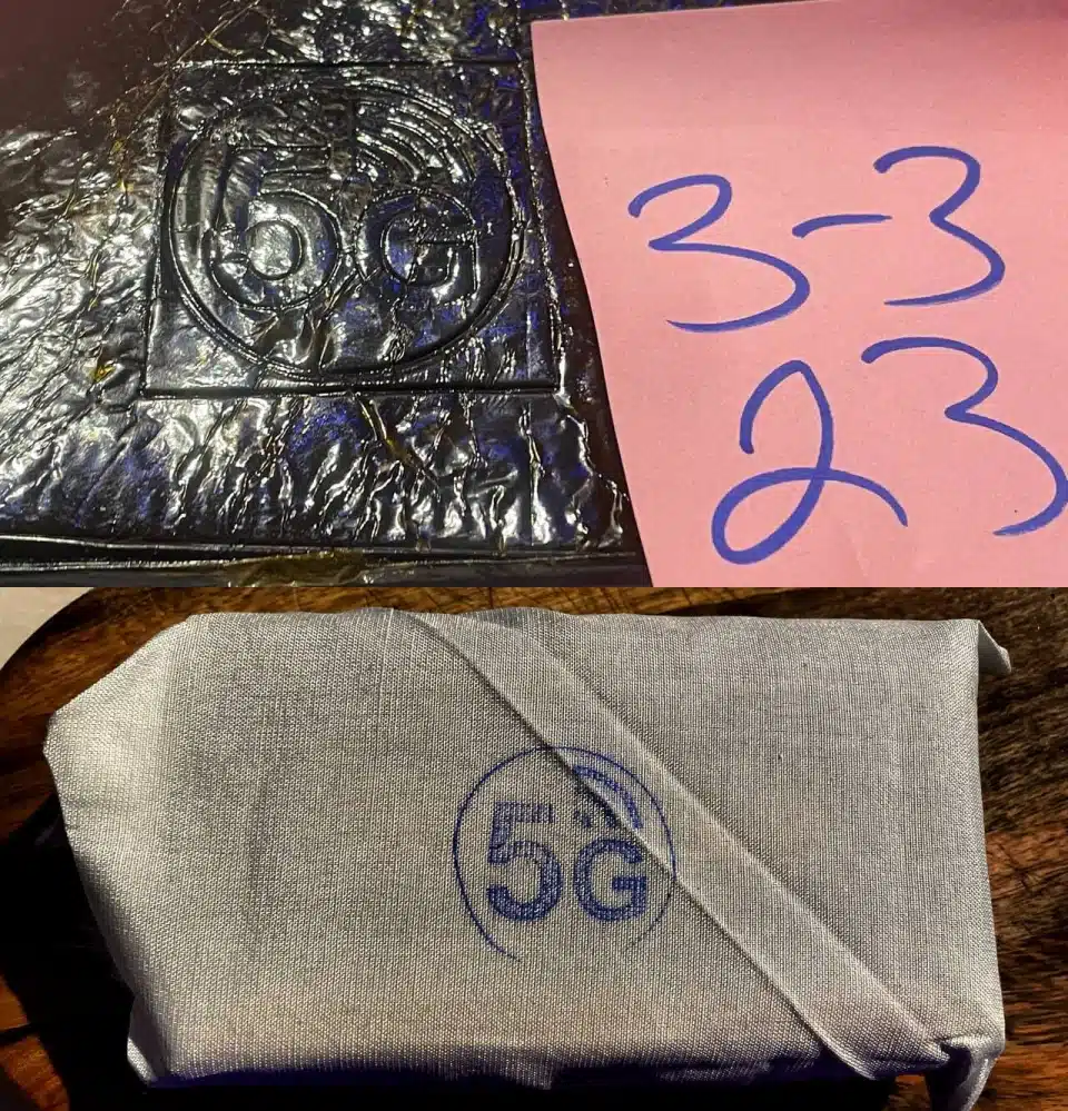 פלטה של חשיש ממותג "5G" ושק הבד שבתוכו היא הגיעה - ישראל, מרץ 2023