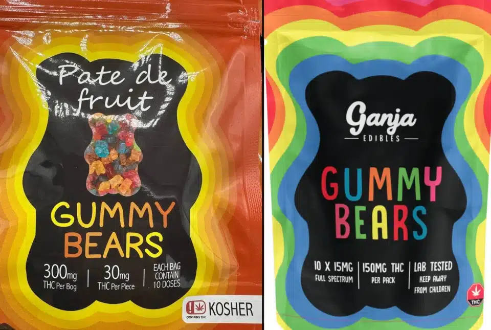 אריזה של דובוני קנאביס ממותג Ganja Edibles שנמכרים בשוק החוקי בקנדה (בצד ימין), ואריזה של מותג הדובונים המזויף Pate de fruit שנמכר בשוק השחור בישראל. קשה לפספס את הדמיון בעיצוב האריזה