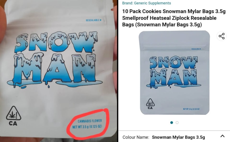 אריזות ריקות של קנאביס מזן Snowman של חברת Cookies שנמכרות באינטרנט (מימין), ועוגיות קנאביס שנרכשו בטלגרם והגיעו באותה האריזה (משמאל). שימו לב כי האריזה בכלל אמורה להכיל פרחים, ולא עוגיות